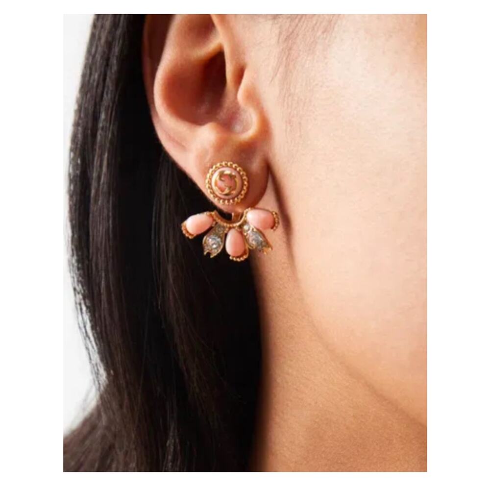 Gucci Interlocking G Single Earring Gold Embellished Pink Crystal